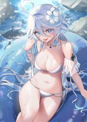 Rule 34 | 1girl, blue eyes, blue hair, breasts, cleavage, furina (genshin impact), genshin impact, long hair, looking at viewer, mellozzo, open mouth, solo, swimsuit