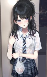 Rule 34 | 1girl, bag, black bag, black bra, black hair, blue eyes, blue skirt, blush, bra, bra visible through clothes, breasts, carrying bag, commentary request, condom box, diagonal-striped clothes, diagonal-striped necktie, hand up, highres, idolmaster, idolmaster shiny colors, kazano hiori, long hair, looking at viewer, mirei, mole, mole under mouth, necktie, okamoto condoms, open mouth, plastic bag, ponytail, round teeth, see-through, see-through shirt, shirt, shirt tucked in, short sleeves, skirt, solo, striped clothes, sweat, teeth, tsurime, underwear, upper teeth only, wet, wet clothes, wet shirt