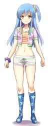 Rule 34 | 1girl, bare legs, blue hair, blush, bracelet, breasts, brown eyes, closed mouth, cropped jacket, full body, highres, jacket, jewelry, looking at viewer, medium breasts, midriff, multicolored hair, navel, one side up, orange shirt, pink jacket, shirt, short shorts, short sleeves, shorts, simple background, smile, socks, solo, standing, star (symbol), star print, streaked hair, striped clothes, striped shirt, striped shorts, tonee, white background