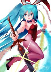 Rule 34 | 1girl, animal ears, aqua eyes, aqua hair, black footwear, blue bow, blue bowtie, bow, bowtie, contrail, cosplay, daicon, daicon bunny girl, daicon bunny girl (cosplay), daicon iv, fake animal ears, hatsune miku, high heels, highres, leotard, long hair, looking at viewer, pantyhose, pink pantyhose, playboy bunny, rabbit ears, rabbit girl, red leotard, smile, solo, strap slip, sword, takepon1123, twintails, very long hair, vocaloid, weapon, white background