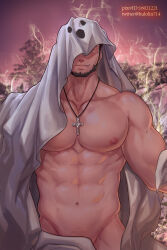 Rule 34 | 1boy, abs, avenger (dungeon and fighter), bara, bare pectorals, beard, cloak, cowboy shot, cross, cross necklace, dungeon and fighter, facial hair, ghost costume, ghost print, groin, halloween costume, highres, jewelry, kulolin, large pectorals, looking at viewer, male focus, male priest (dungeon and fighter), male pubic hair, mature male, muscular, muscular male, naked cloak, navel, necklace, nipples, pectorals, priest (dungeon and fighter), pubic hair, pubic hair peek, red eyes, seductive smile, short hair, smile, smirk, solo, stomach, undressing
