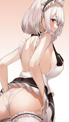 Rule 34 | 1girl, absurdres, ass, azur lane, back, backless dress, backless outfit, bare arms, bare shoulders, black dress, breasts, cowboy shot, dress, female focus, gradient background, highres, large breasts, looking at viewer, looking back, maid, maid headdress, nevin (flyskying), panties, parted lips, profile, red eyes, short dress, short hair, sirius (azur lane), sleeveless, sleeveless dress, solo, thighhighs, underwear, white hair, white panties, white thighhighs