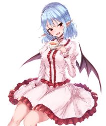Rule 34 | 1girl, :d, bat wings, blue hair, blush, breasts, center frills, choker, commentary, cup, fang, frilled choker, frilled shirt, frilled skirt, frills, grey wings, hair between eyes, highres, holding, holding cup, juliet sleeves, junior27016, long sleeves, looking at viewer, medium breasts, medium hair, open mouth, pink shirt, pink skirt, pointy ears, puffy sleeves, red choker, red eyes, red frills, remilia scarlet, shirt, simple background, sitting, sketch, skirt, skirt set, smile, solo, tea, teacup, touhou, white background, white shirt, white skirt, wings