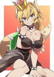 Rule 34 | 1girl, absurdres, armlet, bare shoulders, blonde hair, blue eyes, bowsette, bracelet, breasts, cleavage, collar, collarbone, crown, earrings, eyebrows, fang, highres, horns, jewelry, kameno sachi, large breasts, lizard tail, looking at viewer, mario (series), new super mario bros. u deluxe, nintendo, pointy ears, ponytail, short hair, solo, spiked armlet, spiked bracelet, spiked collar, spikes, super crown, tail