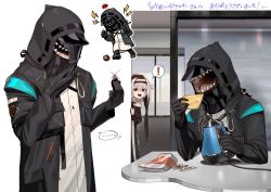 Rule 34 | !, ..., 1girl, 1other, :d, arknights, black coat, black dress, black gloves, black nails, bread, bread slice, broken mask, chibi, coat, doctor (arknights), dress, electric kettle, food, gloves, grey hair, habit, highres, holding, holding food, hood, hood up, hooded coat, indoors, instant noodle block, jewelry, kettle, long hair, long sleeves, mask, nail polish, necklace, nun, open clothes, open coat, open mouth, pack noodles, peeking out, red eyes, ryou (ashrevolver), sharp teeth, signature, smile, specter (arknights), speech bubble, spoken ellipsis, spoken exclamation mark, table, teeth, toast, water boiler