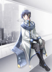 Rule 34 | 1boy, black footwear, blue eyes, blue hair, boots, caffein, coat, gloves, hands on lap, headset, highres, indoors, kaito (vocaloid), kaito (vocaloid3), knee boots, looking to the side, male focus, rain, scarf, sitting, solo, vocaloid, white gloves, window