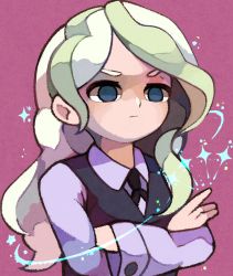 Rule 34 | 1girl, bad id, bad pixiv id, black vest, closed mouth, collared shirt, crossed arms, diana cavendish, eyebrows, green hair, highres, little witch academia, long hair, long sleeves, luna nova school uniform, multicolored hair, no pupils, pink background, purple shirt, school uniform, shirt, solo, sparkle, star (symbol), two-tone hair, upper body, v-shaped eyebrows, vest, white hair, yukino super