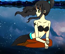 Rule 34 | 1girl, arm support, arm tattoo, bikini, bikini top only, black nails, blunt bangs, closed mouth, collarbone, earrings, floating hair, hildakayane, jewelry, light particles, looking to the side, mermaid, mermaidmelodypichipichipitch, monster girl, nail polish, navel, ocean, partially submerged, ponytail, profile, rock, self-upload, sidelocks, smile, star (symbol), star earrings, star tattoo, strapless, strapless bikini, swimsuit, tareme, tattoo, water, wind, yellow eyes
