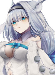 Rule 34 | 1girl, absurdres, alice 0331, animal ear fluff, animal ears, blue eyes, blue ribbon, breasts, cleavage, clothing cutout, collar, detached collar, dobrynya nikitich (fate), dress, fate/grand order, fate (series), fur trim, hair between eyes, hair intakes, hairband, highres, large breasts, long hair, navel, navel cutout, ribbon, silver hair, strap slip, white background, white collar, white dress