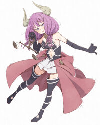 Rule 34 | 1girl, aura (sousou no frieren), balance scale, bare shoulders, black footwear, blue eyes, blush, bodice, boots, breasts, clothing cutout, commentary, eitopondo, elbow gloves, full body, gloves, head tilt, highres, horns, long hair, navel, navel cutout, purple hair, simple background, skirt, small breasts, smile, solo, sousou no frieren, thigh boots, weighing scale, white background, white skirt