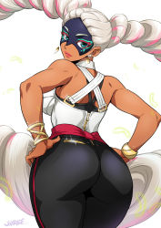 Rule 34 | 1girl, arms (game), artist name, ass, bare shoulders, blonde hair, bracelet, breasts, dark skin, dark-skinned female, drill hair, earrings, feathers, green eyes, hands on own hips, hip focus, huge ass, jewelry, joy ride, large breasts, light smile, lips, long hair, looking at viewer, looking back, mask, parted lips, sideboob, signature, solo, thick thighs, thighs, twin drills, twintelle (arms), twisted neck, very long hair, wide hips, zipper