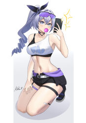 Rule 34 | 1girl, aori sora, bare arms, bare shoulders, black bra, black footwear, black shorts, bra, breasts, blowing bubbles, cellphone, choker, commentary, crop top, drill hair, gradient background, grey background, grey eyes, grey hair, hand up, highres, holding, holding phone, honkai: star rail, honkai (series), large breasts, long hair, looking at viewer, midriff, navel, phone, ponytail, seiza, shirt, shoes, short shorts, shorts, silver wolf (honkai: star rail), single-shoulder shirt, sitting, smartphone, solo, stomach, thigh strap, thighs, underwear, white background, white shirt