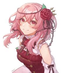 Rule 34 | 1girl, black bow, bow, breasts, brown eyes, clothing cutout, floating hair, flower, hair flower, hair ornament, highres, looking up, medium hair, nijisanji, nijisanji en, pink hair, plant, red flower, red rose, rose, rosemi lovelock, rosemi lovelock (1st costume), short sidetail, shoulder cutout, sindo pink, small breasts, smile, solo, thorns, vines, virtual youtuber, white background