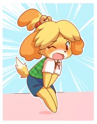 Rule 34 | 1girl, :3, ancesra, animal crossing, animal ears, animal feet, animal nose, barefoot, bell, between legs, blonde hair, blue background, blush, body fur, border, brown eyes, commission, commissioner upload, dog ears, dog girl, dog tail, embarrassed, emphasis lines, fang, female focus, flat chest, full body, furry, furry female, green vest, hair bell, hair ornament, hair tie, hand between legs, isabelle (animal crossing), jingle bell, legs together, looking down, neck ribbon, nintendo, nose blush, one eye closed, open mouth, outline, own hands together, parted bangs, plaid, plaid vest, red ribbon, remote control vibrator, ribbon, sex toy, shirt, short hair, short sleeves, simple background, solo, standing, surprised, tail, tears, topknot, two-tone fur, v arms, vest, vibrator, vibrator under clothes, white border, white fur, white outline, white shirt, wince, yellow fur