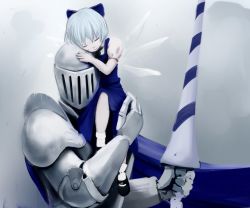 Rule 34 | 1boy, 1girl, armor, artist request, blue hair, blue theme, cirno, couple, grey background, hetero, holding, holding weapon, hug, knight, lance, mary janes, polearm, shoes, simple background, size difference, touhou, weapon, wings