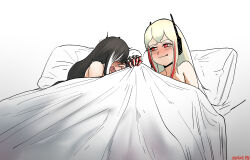 Rule 34 | 2girls, black hair, blanket, blonde hair, blush, closed mouth, dated, girls&#039; frontline, half-closed eyes, headgear, highres, lifting covers, long hair, looking at another, lying, m4 sopmod ii (girls&#039; frontline), multicolored hair, multiple girls, on bed, open mouth, pillow, radish p, red hair, ro635 (girls&#039; frontline), streaked hair, under covers, white hair