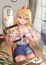 Rule 34 | 1boy, 1girl, absurdres, barefoot, blonde hair, bow, breasts, cake, cat, cellphone, chainsaw man, cleavage, clock, cross-shaped pupils, curtains, denji (chainsaw man), flower, food, fork, hair between eyes, hair tie, highres, holding, holding fork, holding phone, horns, imminent bite, kiunchiku, laundry basket, lavender (flower), long hair, looking at viewer, medium breasts, meowy (chainsaw man), mirror, open mouth, phone, pov, power (chainsaw man), red bow, red eyes, red horns, red nails, sharp teeth, shirt, shirt bow, short hair, smartphone, smile, symbol-shaped pupils, teeth, upper teeth only, white cat, white shirt, yellow eyes