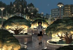 Rule 34 | 1girl, bag, black hair, black skirt, building, bush, city, closed eyes, collared shirt, commentary request, covered mouth, dusk, facing viewer, gibbous moon, hair over shoulder, highres, holding, holding bag, lamppost, lights, long hair, low twintails, moon, myango (applemangocrape), original, outdoors, park, plastic bag, reflective floor, respirator, scenery, sett, shirt, shirt partially tucked in, short sleeves, skirt, solo, tree, twintails, walking, white shirt, wide shot