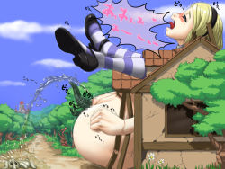 Rule 34 | 1girl, alice (alice in wonderland), alice in wonderland, ass, bestiality, blonde hair, censored, creature inside, giant, giantess, interspecies, mosaic censoring, peeing, porika, pussy juice, shoes, striped clothes, striped thighhighs, stuck, text focus, thighhighs, translation request, trapped, trembling, unbirthing
