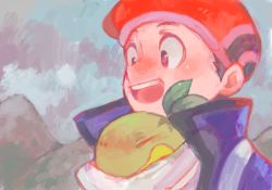 Rule 34 | 00s, 1boy, bad id, bad pixiv id, black hair, blush, creatures (company), game freak, gen 4 pokemon, hat, lucas (pokemon), nintendo, open mouth, outdoors, pokemon, pokemon (creature), pokemon dppt, red hat, scarf, shared clothes, shared scarf, smile, tetsu (teppei), turtwig, winter clothes