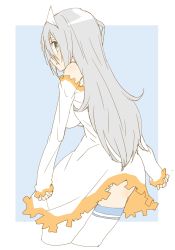 Rule 34 | 1girl, absurdres, ass, bad id, bad twitter id, bare shoulders, blue background, blue eyes, cropped legs, donguri suzume, dress, from behind, ghost, grey hair, hair between eyes, highres, legs together, long hair, long sleeves, looking at viewer, looking back, original, parted lips, single thighhigh, sleeves past wrists, solo, standing, thighhighs, white dress