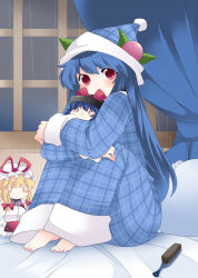 Rule 34 | 0 0, 1girl, :&gt;, :&lt;, alternate costume, barefoot, bed, blonde hair, blue hair, character doll, check commentary, commentary request, curtains, feet, food, fruit, hair brush, hair ribbon, hammer (sunset beach), hands in opposite sleeves, hat, hinanawi tenshi, hugging own legs, indoors, long hair, nagae iku, nightcap, on bed, pajamas, peach, pillow, red eyes, ribbon, sitting, smile, solo, touhou, window, yakumo yukari