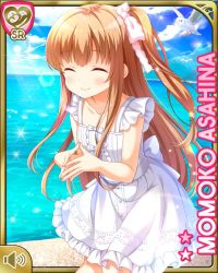 Rule 34 | 1girl, asahina momoko, bow, brown hair, card (medium), character name, closed mouth, dress, closed eyes, girlfriend (kari), hair bow, hair ribbon, ocean, official art, one side up, outdoors, own hands together, qp:flapper, red eyes, ribbon, side ponytail, skirt, smile, solo, white bow, white dress