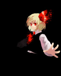 Rule 34 | 1girl, ascot, black background, black vest, blonde hair, closed mouth, collared shirt, commentary request, kaigen 1025, long sleeves, red ascot, red eyes, red ribbon, ribbon, rumia, shirt, short hair, simple background, solo, touhou, upper body, vest, white shirt
