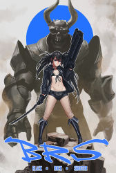 Rule 34 | 10s, 1girl, armor, bad id, bad pixiv id, bikini, bikini top only, black gloves, black hair, black rock shooter, black rock shooter (character), blue eyes, boots, character request, doyora, dual wielding, flat chest, full body, gloves, gun, holding, horns, jacket, katana, knee boots, long hair, midriff, navel, rifle, scar, short shorts, shorts, swimsuit, sword, twintails, uneven twintails, weapon