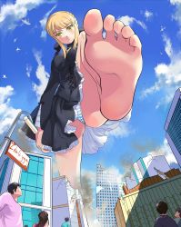Rule 34 | absurdres, artoria pendragon (all), artoria pendragon (fate), barefoot, blonde hair, blush, destruction, fate/stay night, fate (series), feet, foot focus, giant, giantess, highres, panties, saber (fate), saber alter, sky, soles, striped clothes, striped panties, sweat, tempuru, toes, underwear, yellow eyes
