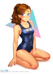 Rule 34 | 1girl, absurdres, alternate hairstyle, bare arms, barefoot, blue eyes, blue one-piece swimsuit, blush, breasts, brooke (mleth), brown hair, character name, collarbone, commentary, covered navel, earrings, english commentary, full body, hair pulled back, highres, jewelry, long hair, mleth, old school swimsuit, one-piece swimsuit, original, ponytail, school swimsuit, seiza, sitting, small breasts, solo, stud earrings, swimsuit, wavy hair