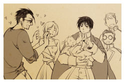 Rule 34 | 2girls, 4boys, baby, black eyes, black hair, blush, carrying, chongning, coat, dress, elicia hughes, closed eyes, faceless, faceless male, framed, fullmetal alchemist, glasses, gracia hughes, heart, jean havoc, kain fuery, long sleeves, looking at another, maes hughes, military, military uniform, monochrome, multiple boys, multiple girls, open mouth, out of frame, outstretched hand, ribbon, roy mustang, sepia, short hair, simple background, smile, twintails, uniform