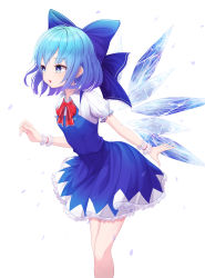 Rule 34 | + +, 1girl, arched back, arm behind back, arm up, blue bow, blue dress, blue eyes, blue hair, bow, breasts, cirno, dress, feet out of frame, hair bow, highres, ice, ice wings, ju-ok, leaning forward, looking to the side, open mouth, parted lips, petticoat, pinafore dress, puffy short sleeves, puffy sleeves, red neckwear, red ribbon, ribbon, shirt, short sleeves, sleeveless dress, small breasts, solo, standing, touhou, white shirt, wings, wrist cuffs