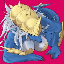 Rule 34 | 1girl, artist request, blue skin, breasts, cleavage, colored skin, colorized, creatures (company), female focus, furry, furry female, game freak, gen 5 pokemon, highres, large breasts, long hair, multicolored skin, nintendo, personification, pokemon, pokemon (creature), samurott, source request, spiked hair, thighs, third-party edit, two-tone skin, very long hair, white hair