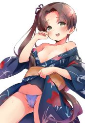 Rule 34 | 10s, 1girl, areola slip, ayanami (kancolle), bare shoulders, bitou (bitoumaturi), blue panties, blush, breasts, brown eyes, brown hair, cameltoe, cowboy shot, dutch angle, embarrassed, gluteal fold, hair ribbon, japanese clothes, kantai collection, kimono, long hair, no bra, off shoulder, open mouth, panties, parted bangs, ribbon, side ponytail, simple background, small breasts, smile, solo, string panties, sweat, underwear, very long hair, wavy mouth, white background, yukata