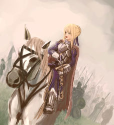 Rule 34 | 00s, armor, army, artoria pendragon (all), artoria pendragon (fate), blonde hair, blue eyes, caliburn (fate), cape, fate/stay night, fate (series), fighting stance, gauntlets, greaves, horse, horseback riding, king, koromoya, polearm, ready to draw, ribbon, riding, saber (fate), sheath, sheathed, sitting, soldier, solo, spear, stirrups (riding), sword, war, weapon