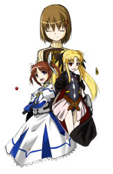 Rule 34 | 3girls, armor, bardiche (nanoha), bardiche (standby form) (nanoha), belt, blonde hair, book, brown hair, buckle, cape, closed eyes, dress, fate testarossa, fate testarossa (lightning form) (2nd), fingerless gloves, gloves, hair ribbon, highres, lyrical nanoha, mahou shoujo lyrical nanoha, mahou shoujo lyrical nanoha a&#039;s, mahou shoujo lyrical nanoha the movie 2nd a&#039;s, multiple girls, nanotsuki, open mouth, puffy sleeves, purple eyes, raising heart, raising heart (standby mode), red eyes, ribbon, short twintails, sketch, skirt, smile, sweater, takamachi nanoha, takamachi nanoha (sacred mode) (2nd), tome of the night sky, twintails, white background, yagami hayate