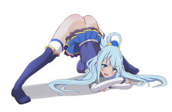 1girl aqua_(konosuba) aruman ass blue_eyes blue_hair blush boots jack-o&#039;_challenge kono_subarashii_sekai_ni_shukufuku_wo! looking_at_viewer no_panties open_mouth skirt solo top-down_bottom-up white_background