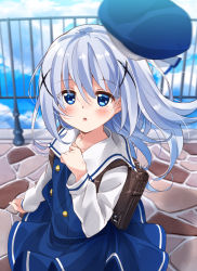 Rule 34 | 1girl, :o, absurdres, backpack, bag, beret, blue eyes, blue hair, blue hat, blue skirt, blue sky, blue vest, blurry, blurry background, blush, briefcase, cloud, cloudy sky, collarbone, commentary request, day, depth of field, fingernails, gochuumon wa usagi desu ka?, hair between eyes, hair ornament, hand up, hat, highres, kafuu chino, kafuu chino&#039;s school uniform, long hair, long sleeves, looking at viewer, looking to the side, mousou (mousou temporary), outdoors, parted lips, railing, sailor collar, school briefcase, school uniform, shirt, skirt, sky, solo, unworn hat, unworn headwear, very long hair, vest, white sailor collar, white shirt, x hair ornament