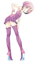 Rule 34 | 1girl, ass, bangle, bare shoulders, boots, bracelet, check copyright, copyright request, dress, flat chest, full body, green eyes, high heel boots, high heels, highres, jewelry, leaning forward, looking at viewer, looking back, original, parted lips, pink hair, pop (electromagneticwave), purple dress, short hair, simple background, smile, solo, thigh boots, white background