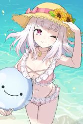 Rule 34 | 1girl, ball, bare arms, beachball, bikini, breasts, chorefuji, cleavage, closed mouth, collarbone, commentary request, day, eyelashes, flower, hand on headwear, hand up, hat, hat flower, hat ribbon, holding, navel, nijisanji, one eye closed, outdoors, pink ribbon, purple eyes, ribbon, shiina yuika, shiina yuika (6th costume), smile, solo, standing, straw hat, swimsuit, unfinished, virtual youtuber, water, yellow flower