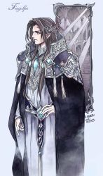 Rule 34 | 1boy, belt, black cape, brooch, brown eyes, brown hair, cape, character name, closed mouth, dated, fingolfin, grey background, highres, jewelry, kazuki-mendou, tolkien&#039;s legendarium, long hair, male focus, mirror, pointy ears, profile, robe, signature, simple background, solo, standing, the silmarillion