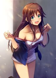 Rule 34 | 1girl, :d, bare shoulders, baseball uniform, blurry, breasts, brown hair, cleavage, collarbone, commentary request, cowboy shot, dress, drying, green eyes, hair ornament, hairclip, highres, himekawa yuki, idolmaster, idolmaster cinderella girls, long hair, looking at viewer, medium breasts, microdress, off shoulder, open clothes, open mouth, open shirt, short sleeves, sleeveless, sleeveless dress, smile, solo, spaghetti strap, sportswear, standing, thighs, z.nov