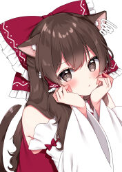 Rule 34 | 1girl, animal ear fluff, animal ears, bare shoulders, blush, bow, brown eyes, brown hair, cat ears, cat tail, closed mouth, detached sleeves, hair between eyes, hair bow, hair tubes, hakurei reimu, highres, japanese clothes, long hair, nontraditional miko, red bow, ribbon-trimmed sleeves, ribbon trim, shinonome asu, sidelocks, simple background, solo, tail, touhou, upper body, white background, white sleeves, wide sleeves