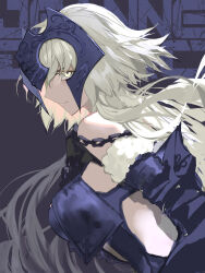 Rule 34 | 1girl, bare shoulders, chain, character name, fate/grand order, fate (series), flprayer, frown, fur trim, gauntlets, highres, jeanne d&#039;arc alter (avenger) (fate), jeanne d&#039;arc alter (fate), long hair, looking at viewer, looking back, pale skin, serious, solo, very long hair, white hair, yellow eyes