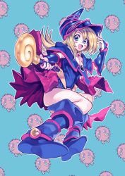 Rule 34 | 1girl, amezawa koma, blonde hair, boots, breasts, dark magician girl, duel monster, female focus, green eyes, hat, kuriboh, long hair, looking at viewer, simple background, smile, solo, wand, wizard hat, yu-gi-oh!, yuu-gi-ou, yu-gi-oh! duel monsters