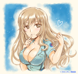 Rule 34 | 1girl, aoshidan (emblem), aoshidan school uniform, artist name, blue background, blue shirt, breasts, brown eyes, cleavage, closed mouth, collared shirt, commentary, cropped torso, finger to mouth, girls und panzer, heart, kuromori yako, large breasts, light brown hair, light particles, long hair, looking at viewer, mature female, partially unbuttoned, school uniform, shimada chiyo, shirt, short sleeves, smile, solo, suspenders, unbuttoned, unbuttoned shirt, upper body