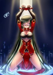 Rule 34 | 1girl, arc system works, artist request, bare shoulders, blazblue, bound, bound wrists, breasts, bridal gauntlets, china dress, chinese clothes, cleavage, dress, glasses, green hair, kneeling, large breasts, litchi faye ling, long hair, looking at viewer, open mouth, purple eyes, restrained, shiny clothes, shiny skin, solo, staff, very long hair
