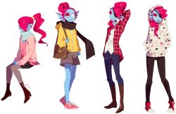 Rule 34 | 1girl, alternate costume, blue skin, casual, colored skin, eyepatch, fashion, fins, food print, full body, head fins, pantyhose, red hair, scarf, smile, transparent background, undertale, undyne, yellow eyes