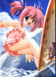 Rule 34 | 1girl, armpits, blue eyes, blush, casual one-piece swimsuit, child, highres, non-web source, one-piece swimsuit, open mouth, pink hair, short hair, snow (game), solo, surfing, swimsuit, twintails, wakou ouka, waves, wet